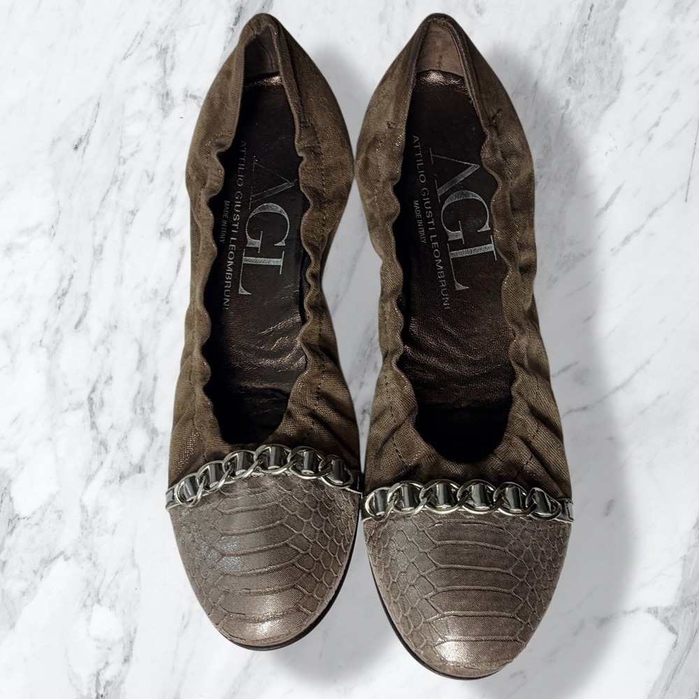 AGL Attilio Giusti Leombruni Cap Toe Chain Ballet Flats Brown Suede 37.5 - Picture 2 of 10